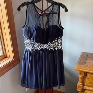 Navy Mesh Bodice Party Dress with Crystal Waist